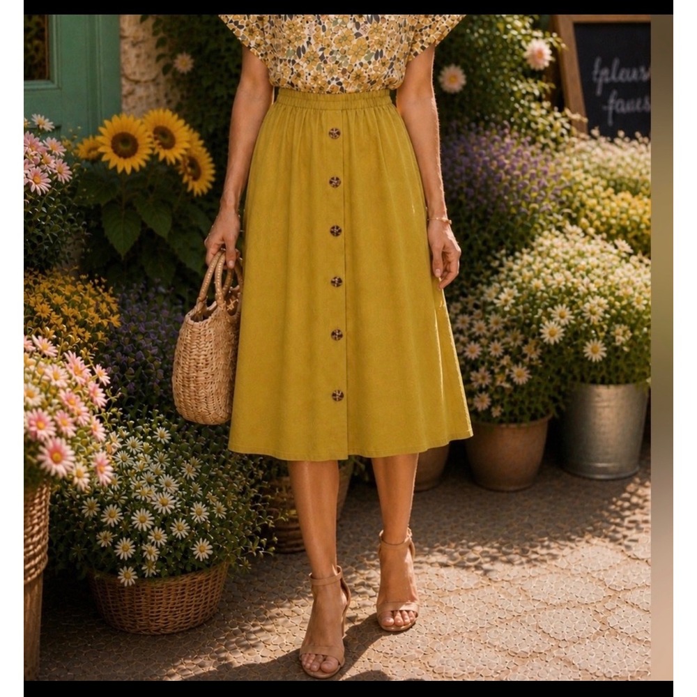 Tulip B Mustard Yellow Button Front Midi Skirt Elastic Waist Pockets Large NWT
